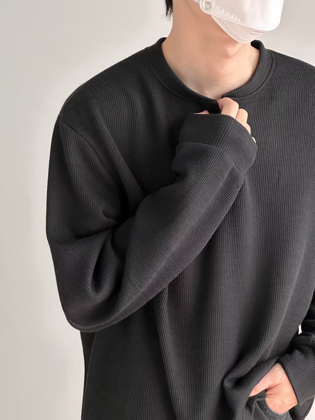 Herrenbekleidung Langarm-T-Shirt, Waffelstrick-Henley-Langarm-T-Shirt für Herren - Strukturierter, lässiger Arbeitspullover mit Knopfleiste_voghion.com