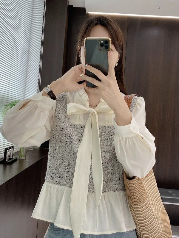 New French Style Small Fragrance Style Splicing Fake Two-Piece Short Shirt Women's Design Floating Collar Romantic Top