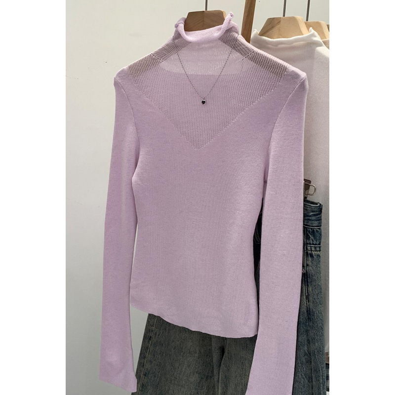 European in stock Turtleneck Wool Sweater with V-neck Transparent Design Slim-fit Slim-fit Long-sleeved Top