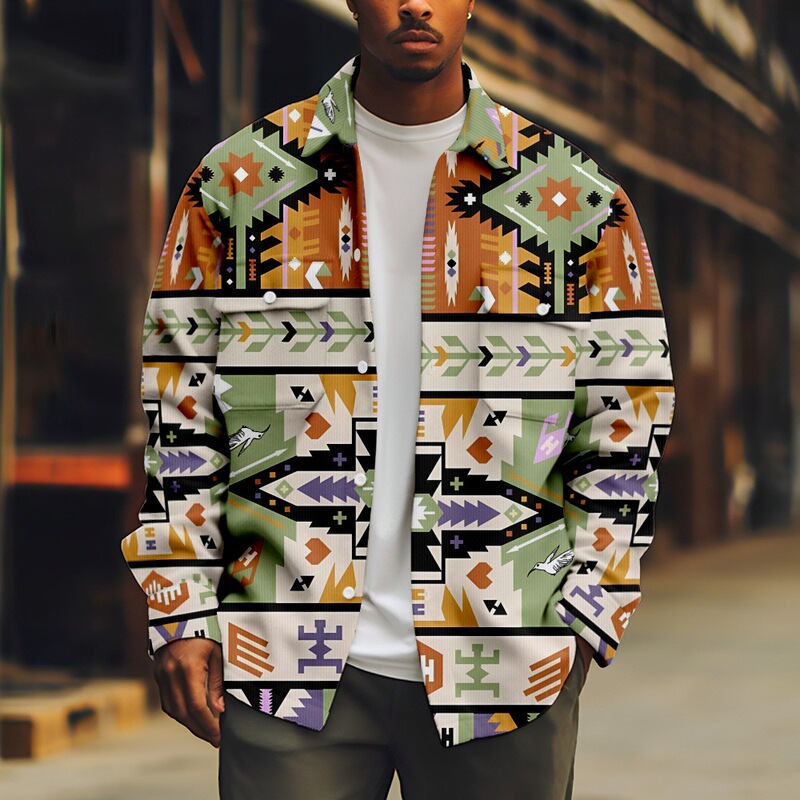 2024 New Foreign Trade New Aztec Style Personalized Casual Printed Men's Lapel Jacket Coat Spring and Autumn