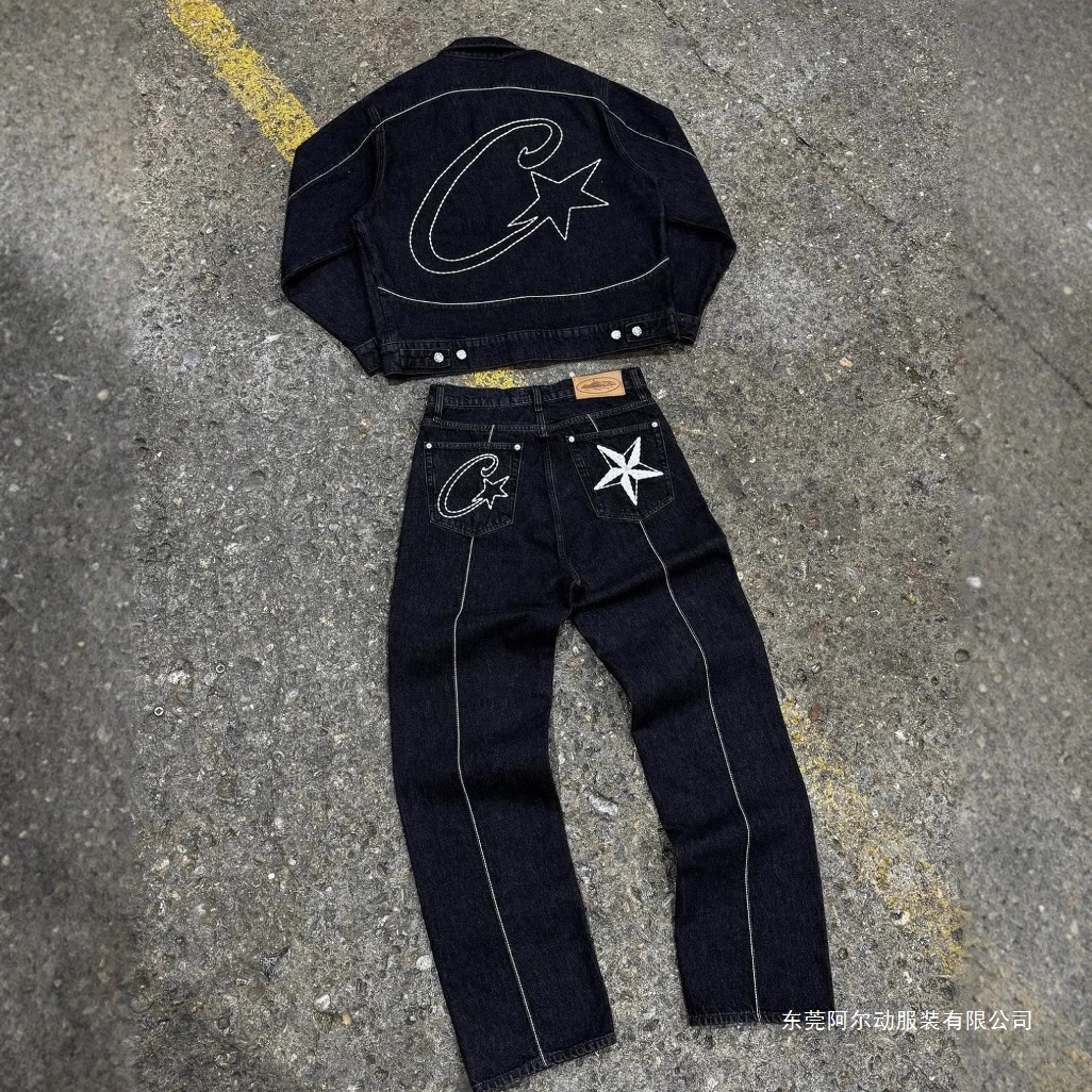 Cross-Border European and American Alcatraz Jeans New Star Embroidery American High Street Casual Five-Point Pants Trendy Black Trousers