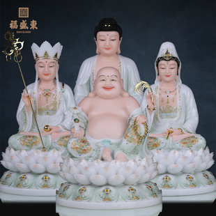 Green Robe Full Lotus Guanyin Bodhisattva Statue for Home Worship of Shakyamuni Buddha, Ksitigarbha Bodhisattva, and Maitreya Buddha Full Hall