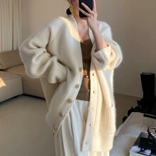 秋冬新款加厚纯色羊毛开衫女士慵懒风软糯针织衫毛衣中长款羊毛衫