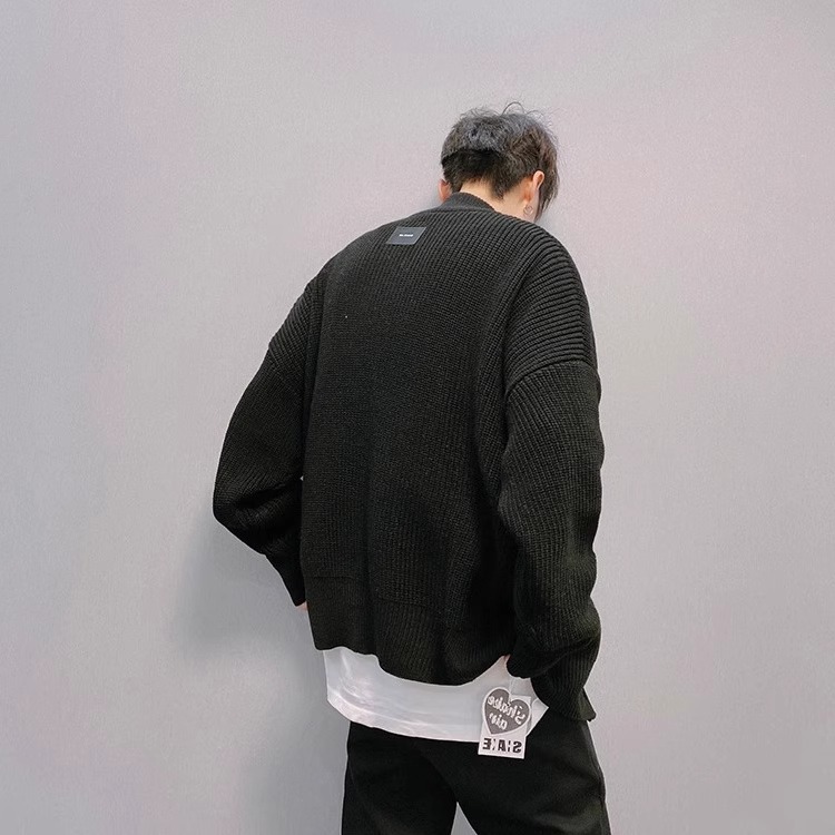 Unisex Zip-front Knit Cardigan With Stand Collar, Oversized Fit_voghion.com