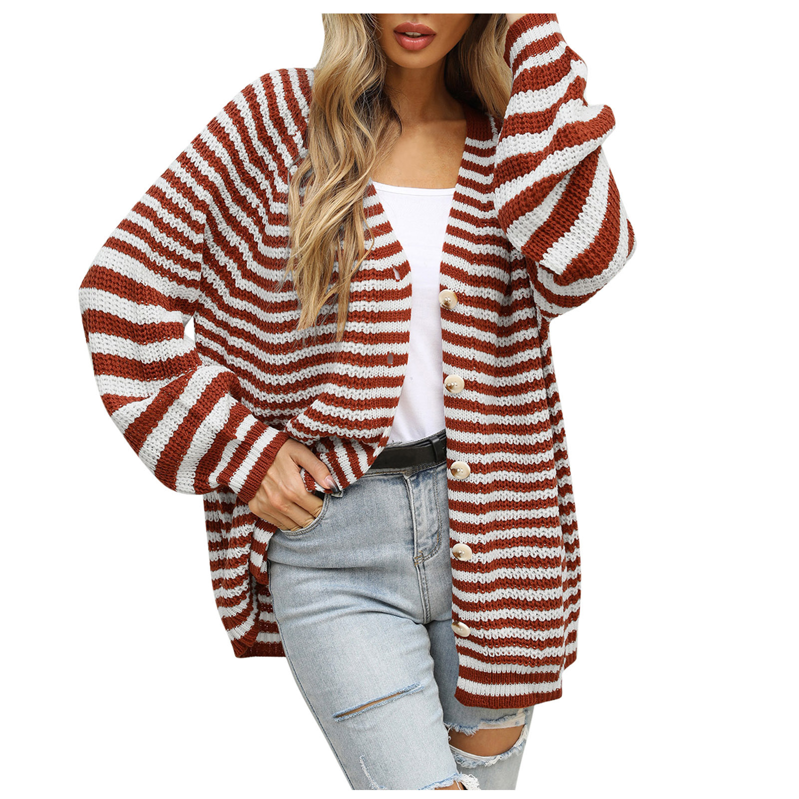 2022 Otoño e Invierno Nueva moda a rayas de punto europeo y americano más tamaño flojo perezoso marrón de un solo pecho con cuello en V cardigan suéter