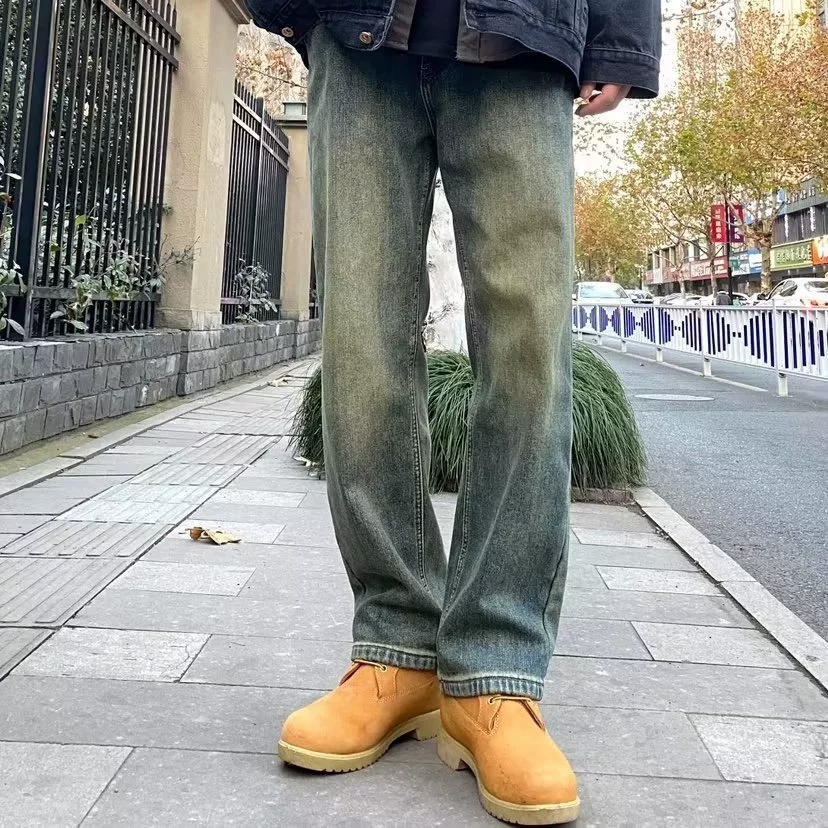Американские ретро мужские джинсы прямые свободные высокие улицы весна и осень ins модные брюки дикие индивидуальность