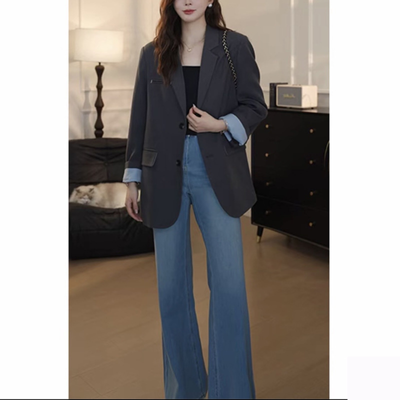 2026 Spring/Autumn Casual Versatile Color-Blocked Button-Down Suit Jacket for Women, Loose Fit Designer Suit
