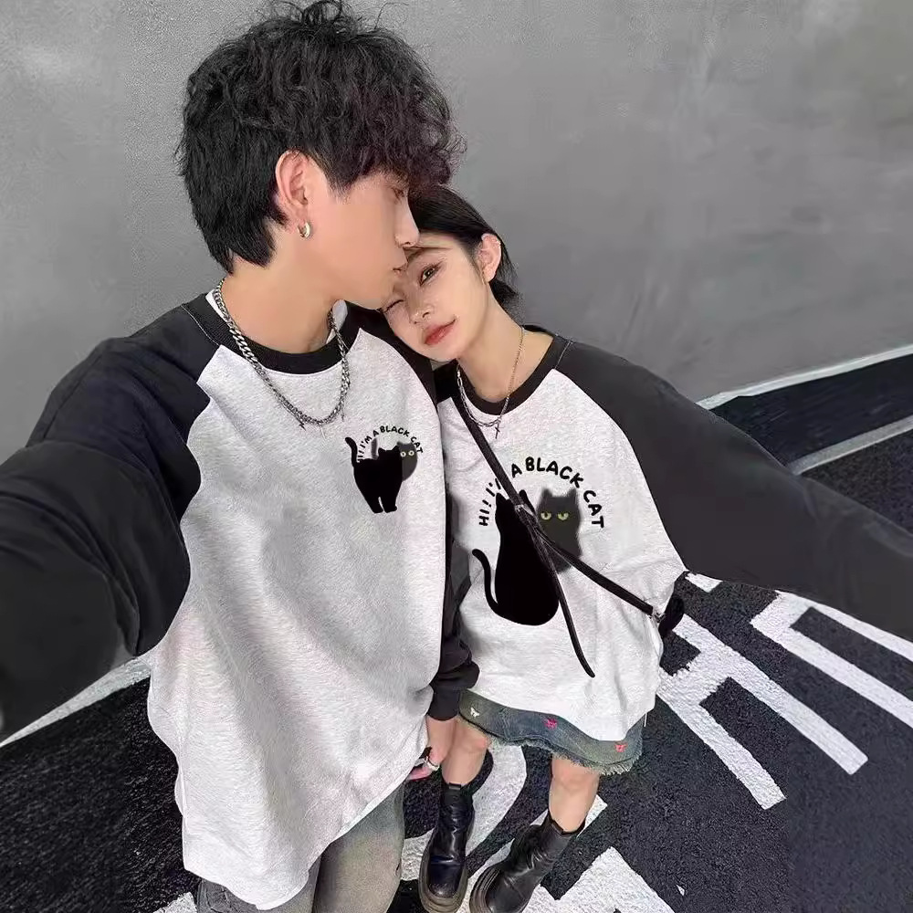 거울 고양이 RAGLAN 소매 둥근 목 커플 2024 가을과 겨울 새로운 패션 브랜드 특별한 다른 외투 착용