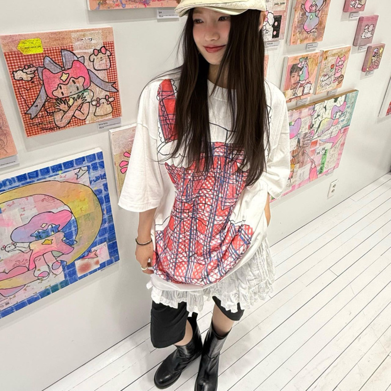 スポット韓国ニッチトレンディブランドソフトかわいいセーラー襟ガールかわいい漫画プリント落書き半袖Tシャツレディーストップス|undefined
