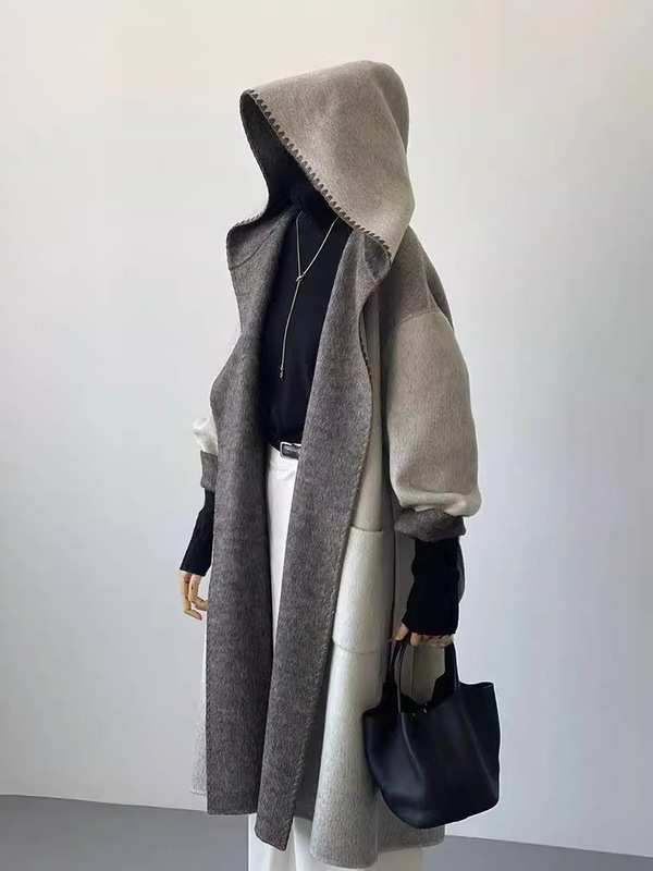 日系轻奢设计师款双面羊绒连帽大衣女2025秋冬季灰色渐变长款外套|undefined