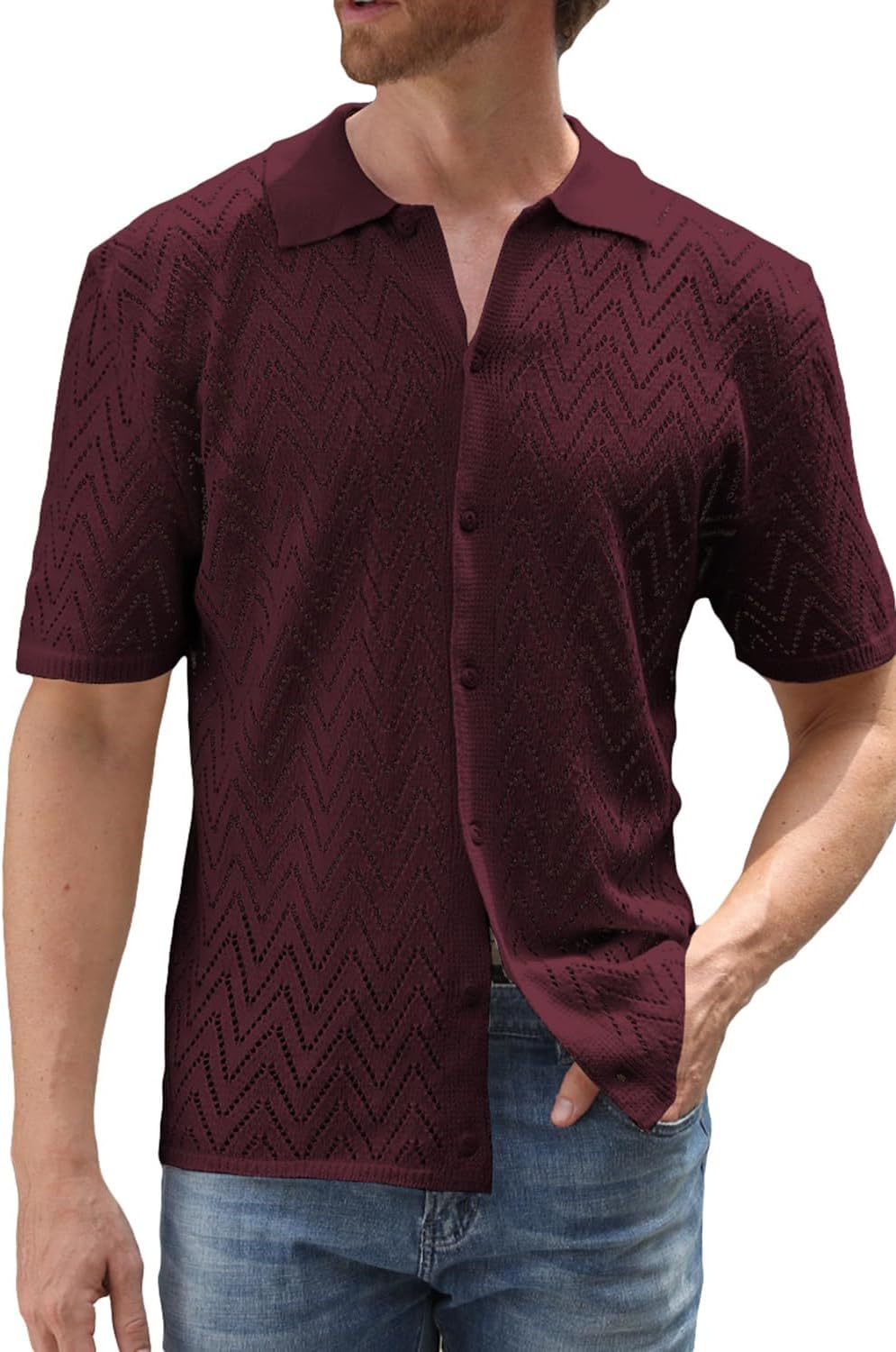 Summer New European And American Casual Knitted Short-sleeve Shirt, Cardigan, Solid Color Hollow Top Men's Clothing_voghion.com