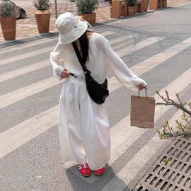 Sugarclawcat韩系简约慵懒高级白立体压线弯刀休闲裤女阔腿灯笼裤