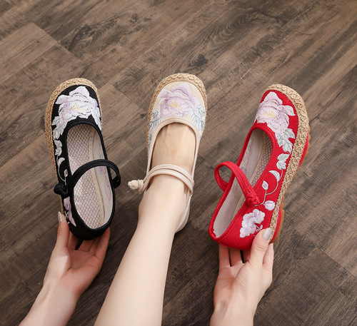 Ruxin  spring style round toe inner heightening linen bound women's shoes antique style embroidered shoes Zen clothes tea clothes cloth shoes