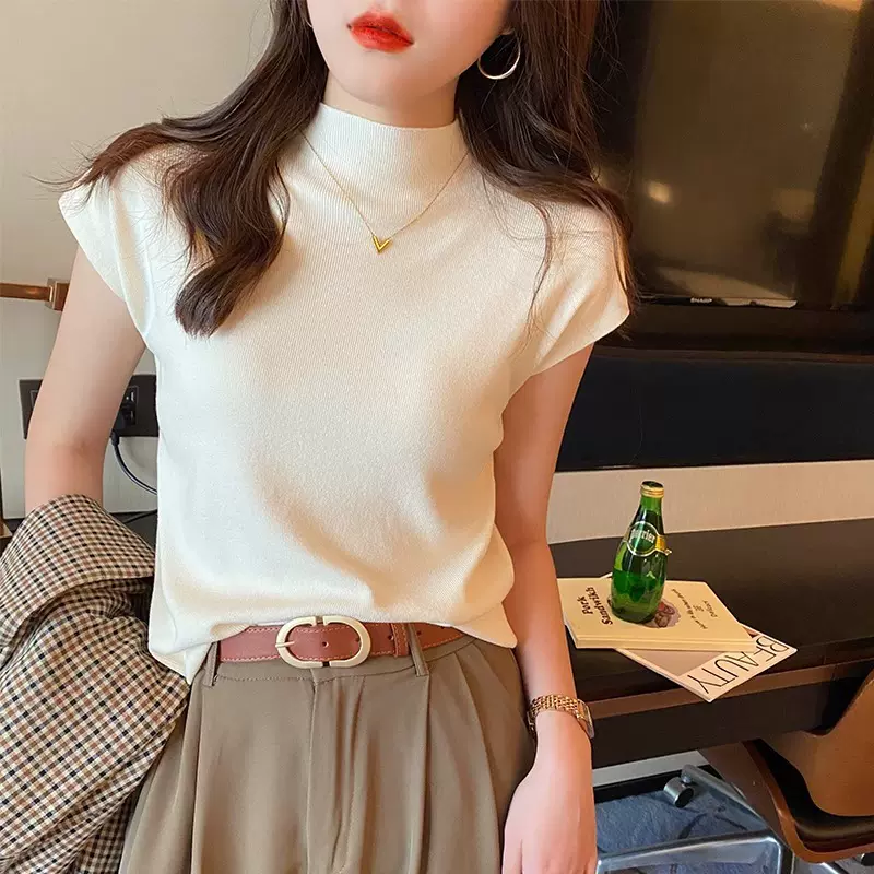针织打底衫女2025早秋新款短袖t恤气质正肩中领修身上衣无袖毛衣