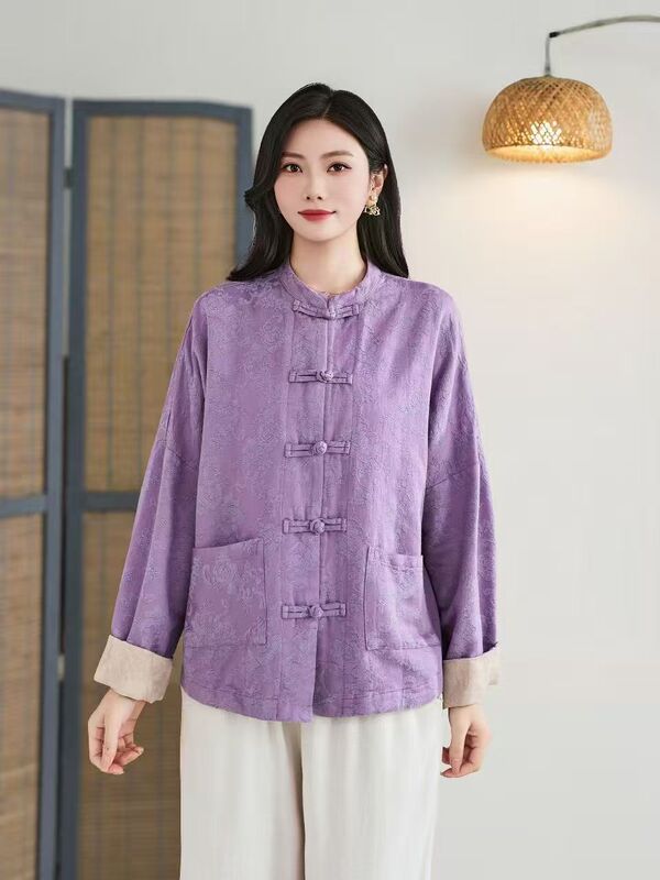古咖服饰2025秋季新款立领复古盘扣暗纹提花大口袋文艺拼接上衣女|undefined