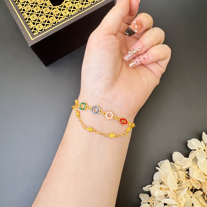 Pulsera de oro de arena antigua, diseño de nicho, cadena de doble capa, collar geométrico de color, joyería retro de larga duración