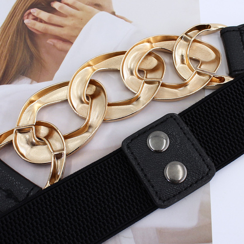 Ladies Fashion 8-Character Metal Chain Buckle Relaxed Belt for Dresses, Coats, and Suit with Elastic Waist Closure