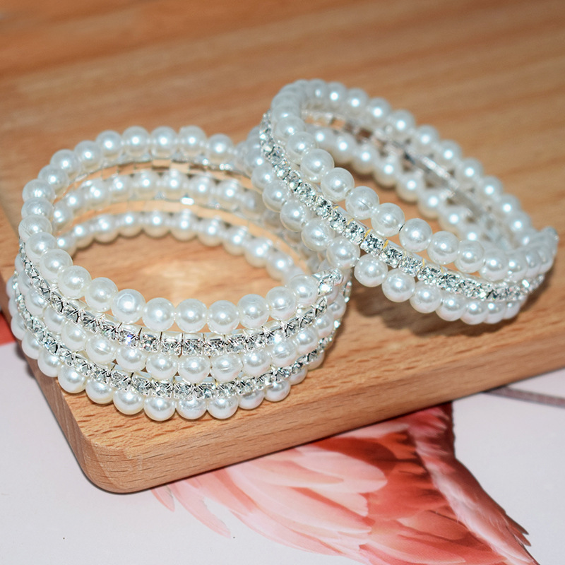 European and American Cross-Border Jewelry Bridal Winding 6mm Pearl Rhinestone Multi-Layer Bracelet for Women Fashion Creative Bracelet Wedding