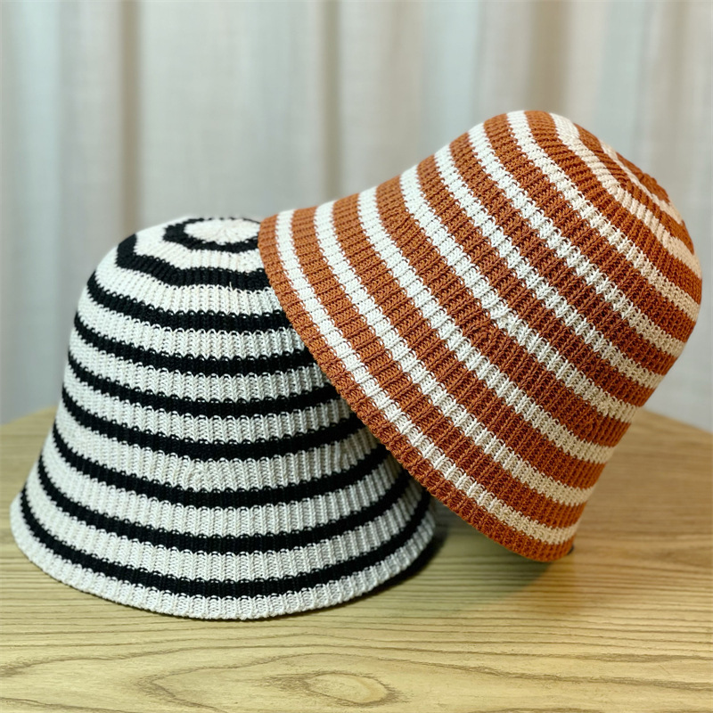 New Hat for Women's Casual Shopping Striped Fisherman Hat, Korean Version, Fashionable and Versatile Knitted Round Top Basin Hat, Foldable and Trendy_voghion.com