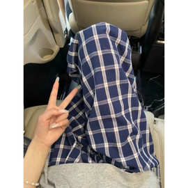 复古港味格子直筒休闲裤小众高腰垂坠感遛弯慵懒阔腿女裤一件代发