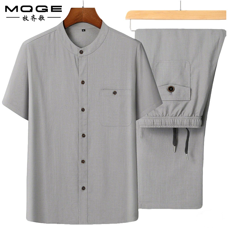 Льняной воротник Тан рубашка мужской средний и пожилой папа с короткими рукавами летняя хлопковая и льняная одежда