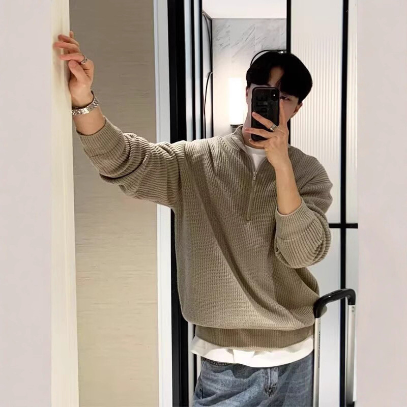 Suéter masculino de malha com meio zíper – Pulôver estiloso com tecido respirável e resistente a manchas (cinza/preto/azul/cáqui, tamanhos M-3XL)_voghion.com