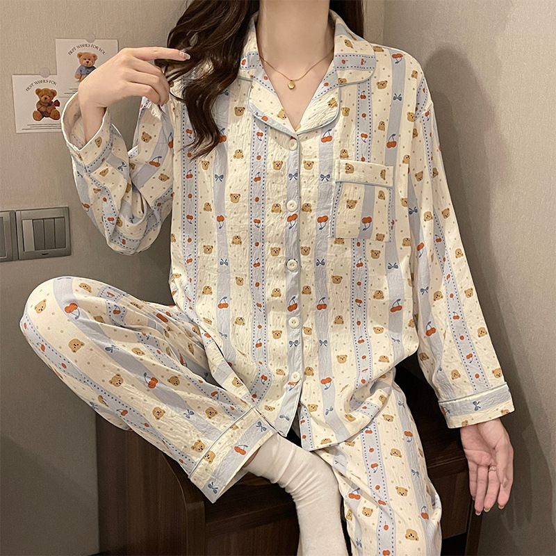 带胸垫棉质长袖花边开衫睡衣女春秋季新款简约休闲家居服两件套装|undefined