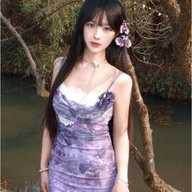 原版做法 轻熟风紫色连衣裙女夏季新款收腰包臀吊带裙蕾丝长裙子