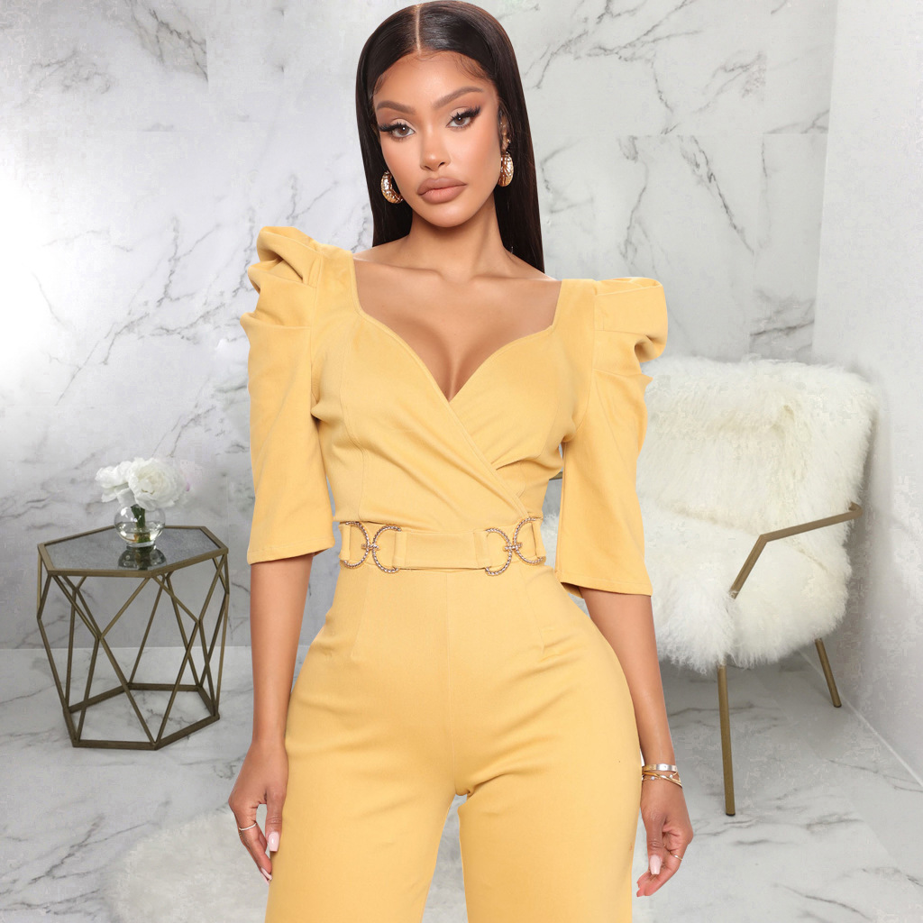 solid color three-quarter sleeve V-neck wide leg jumpsuit NSMRF137193