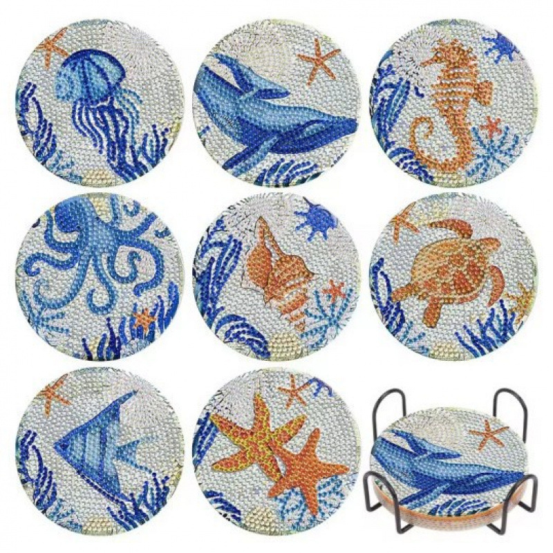 Ventas transfronterizas calientes de 8 piezas de conjunto de cojín de taza de arte de diamante, con soporte, pequeño conjunto de pintura de diamante, adecuado para adultos
