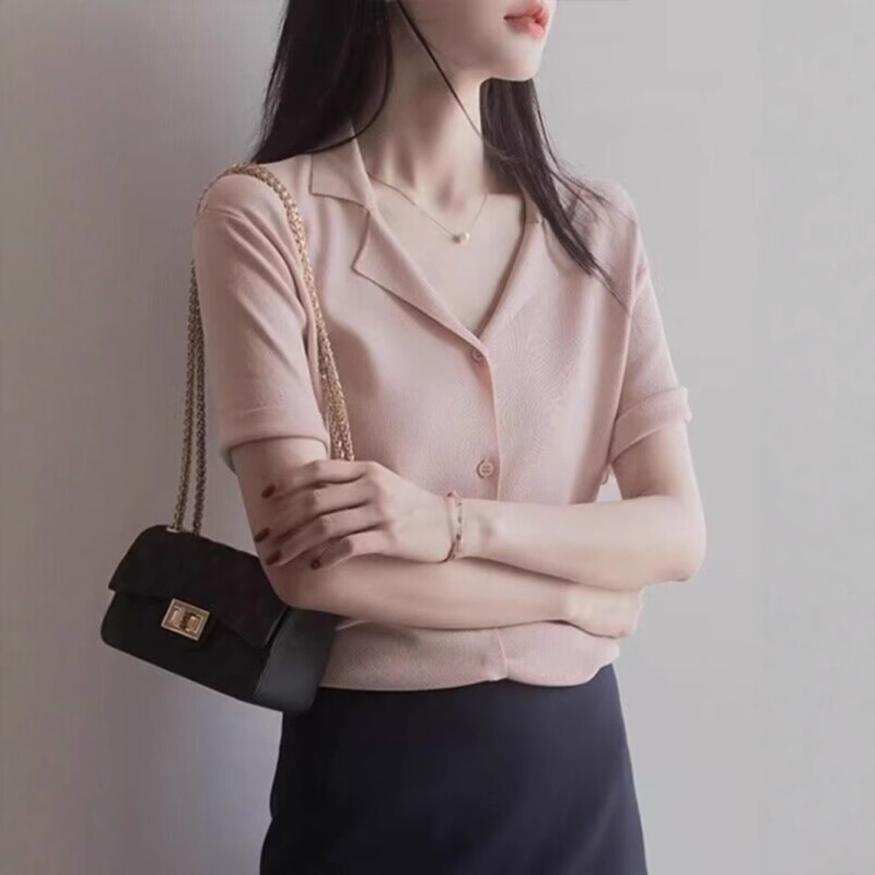 Brother's Mall Same Style Women's 2025 Summer Polo Collar Ice Silk Knit Cardigan Top Summer Thin Short Sleeve Women