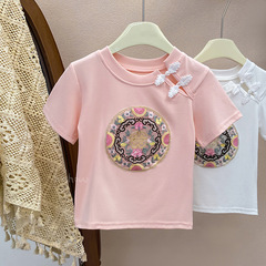 2024新款古風夏季女童T恤新中式國風刺繡盤扣短袖上衣0186A012