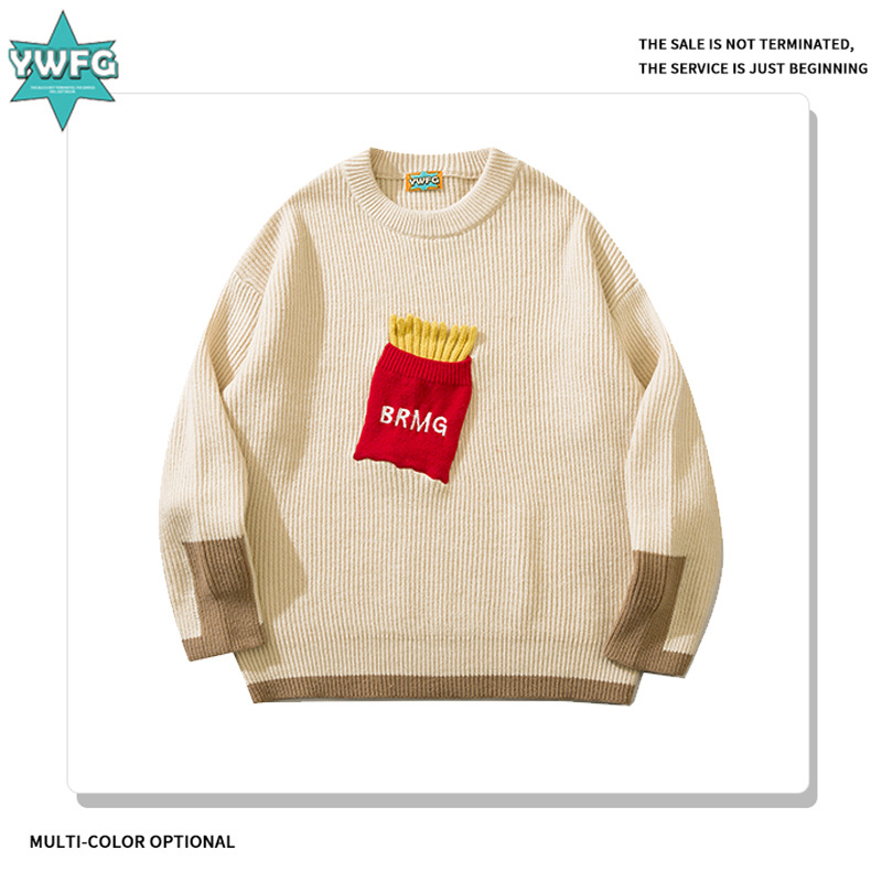 YWFG mujer americana de bolsillo patatas fritas 2024 Año Nuevo primavera pareja superior versátil cuello redondo manga larga jersey de punto