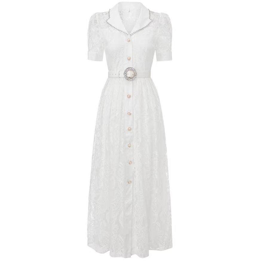 Elegance Lace Maxi Dress With Blazer Collar And Pearl Button Detail_voghion.com