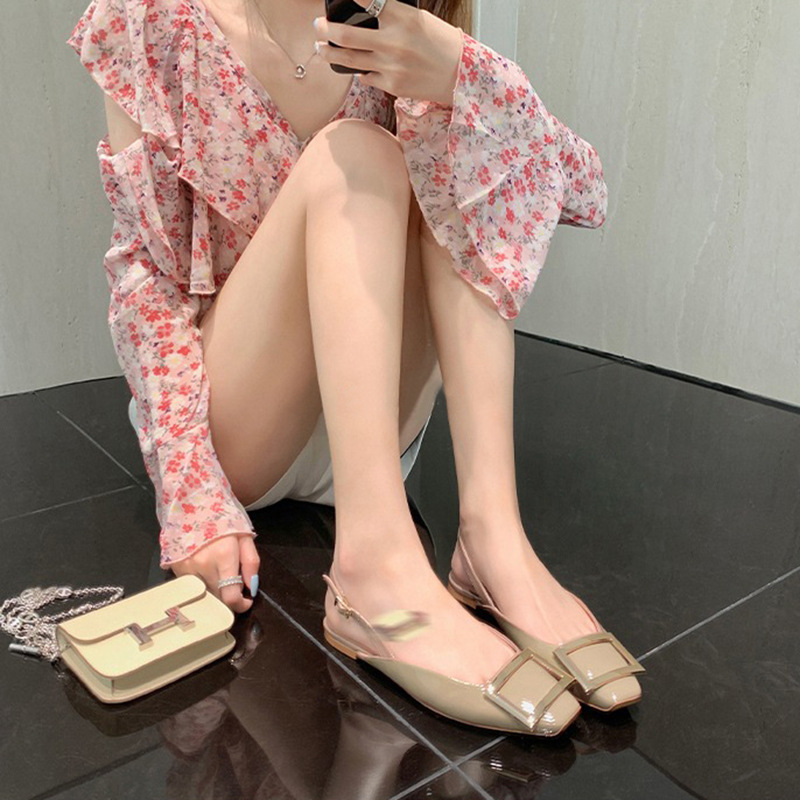여성용 뒷면이 빈/중공 플랫 슈즈, 고급스러운 봄 여름 통근, 심플한 기질, 스퀘어 토, 얕은 입구, RV 스퀘어 버클 슈즈