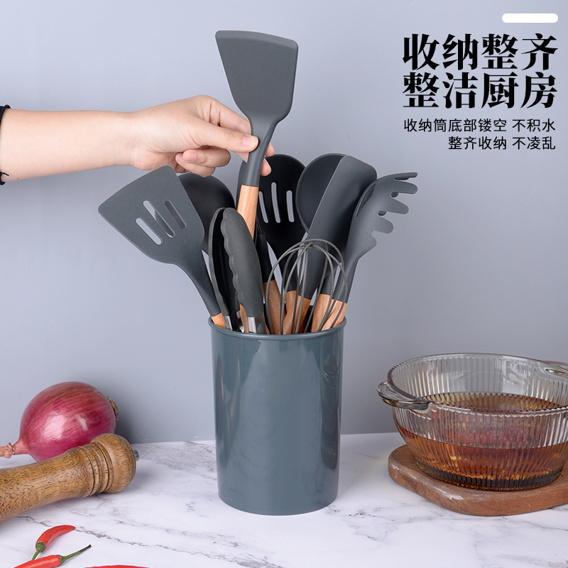 Utensilios de cocina de silicona, juego de 12 piezas para uso doméstico, espátula especial antiadherente para sartén con mango de madera, cuchara para sopa, espátula para cocinar y saltear