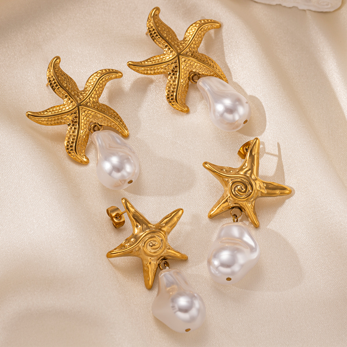 Pendientes de acero inoxidable europeo y americano de Tena Pendientes de estrella de mar de playa de mar de lujo ligero Pendientes de perlas reales estilo de vacaciones
