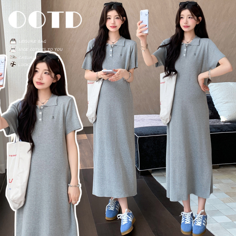 Casual Maternity Dress, Summer Minimalist Style, Long Slit Polo Collar Maternity Dress, Straight T-Shirt Maternity Wear