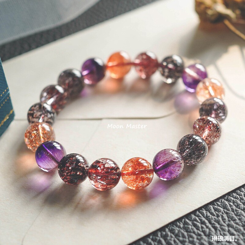Natural Super Seven Crystal Bracelet for Girls, Triple Strand Super Seven Bracelet, Super 7 Purple Rutilated Quartz Commemorative Gift