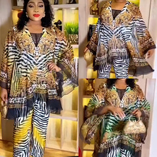 亚马逊跨境欧美裤套装印花雪纺喇叭袖大码女装8809欧美风时尚百搭