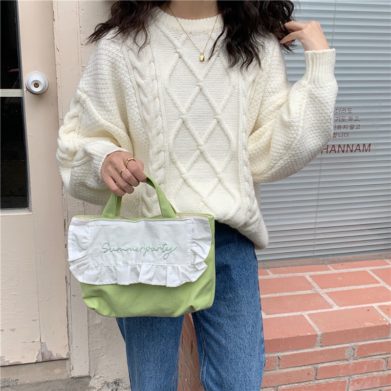 1441 Japanese and Korean chic Sweet ruffled bento Bag, Fresh embroidered hand-held small cloth bag, girl student bag wholesale undefined