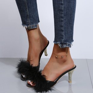 Furry Sandals Feminine Women's Shoes 2022 Summer New Daily One-Line Women's High Heel Slippers Foreign Trade