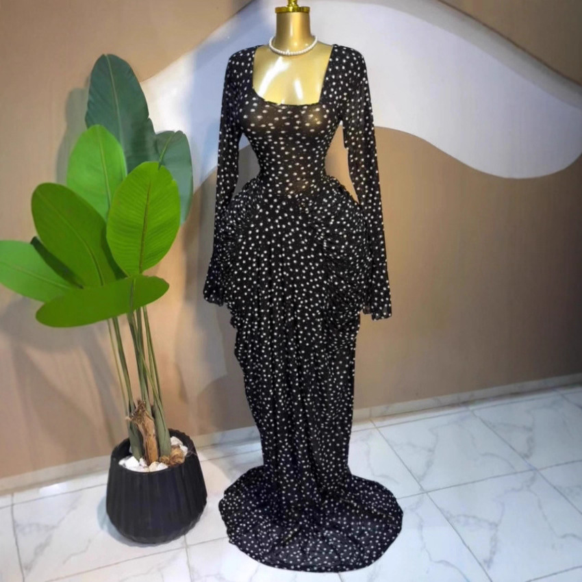 In-Stock 2026 Autumn Cross-Border European and American Women's Long-Sleeve Autumn Printed Mesh Ruched Long Party Evening Dress