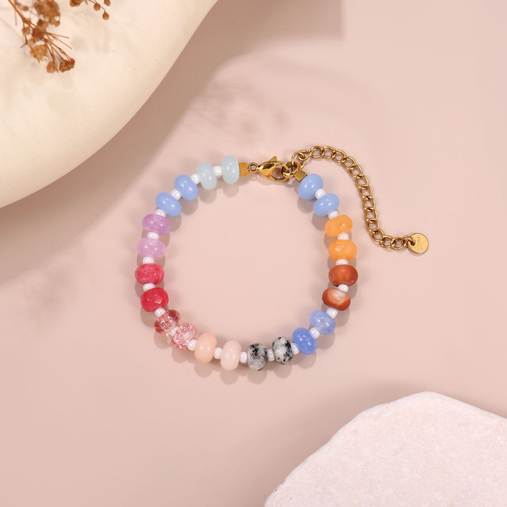 Round Pattern Simple Style Round 304 Stainless Steel Natural Stone Beaded Bracelets Wholesale