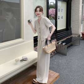 米白色轻熟简约风短袖西装套装女2026新款夏日高腰阔腿裤两件套