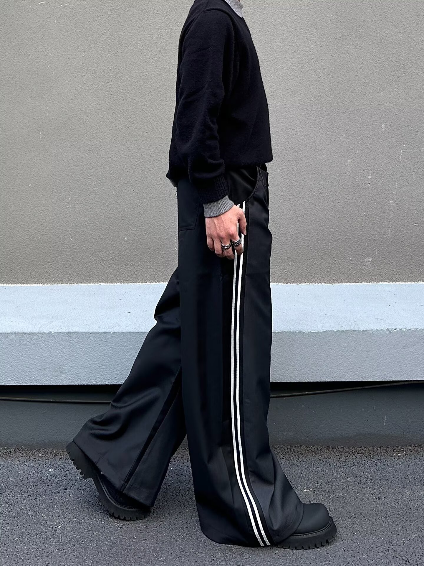 Men's Casual Pants Retro Double Waistband Spliced Curved Blade Loose Long Trousers_mkmklike.com