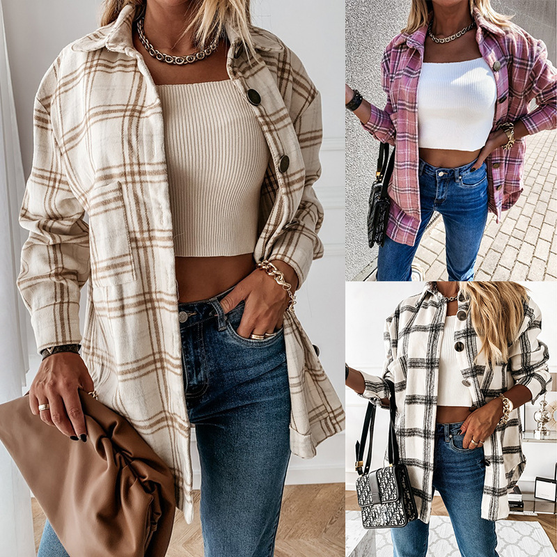 378g Weight Woolen Coat Outerwear Type Women's Casual Plaid Single Breasted Coat Woolen Coat