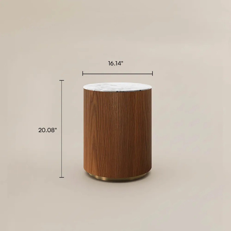 Minimalist round side table with ash wood veneer and rock slab surface, stylish furniture for clients