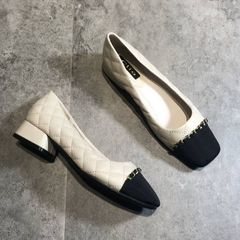 小香风单鞋女粗跟2024春款晚晚风温柔鞋中跟百搭浅口拼色方头女鞋