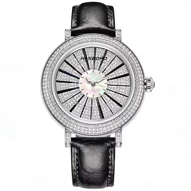 Hanbolo Petal Series Women's Watch 41mm Three-Color Dial Rotating Full Ring Diamond Fashion Leather Strap
